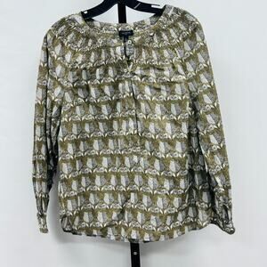 Talbots Owl Print Blouse Medium Petite Smocked Neckline Long Sleeve